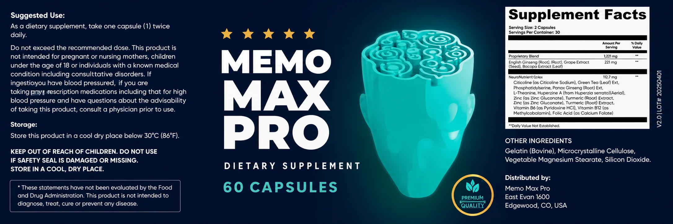 MemoMax Pro supplement facts label
