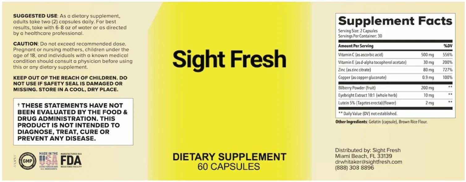 Sight Fresh supplement facts label